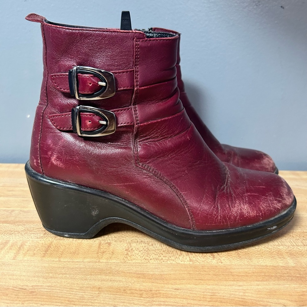 Dansko Bibi Moto Leather Ankle Boots‎ Burgundy Chunky Heel Zip Size 36 Well Worn